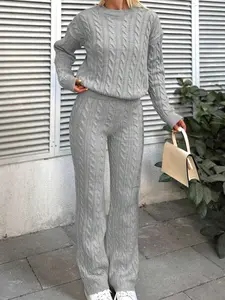 Women's 2 Piece Sweater Set, Cable Knit Crew Neck Long Sleeve Pullover Sweater & Pants Knit Set, Autumn/Winter Solid Color Loose Fit Casual Cozy Fashion 2 Pcs Set, Women Fall OUtfit, Winter Sweater for Women, Loungewear Set for Fall