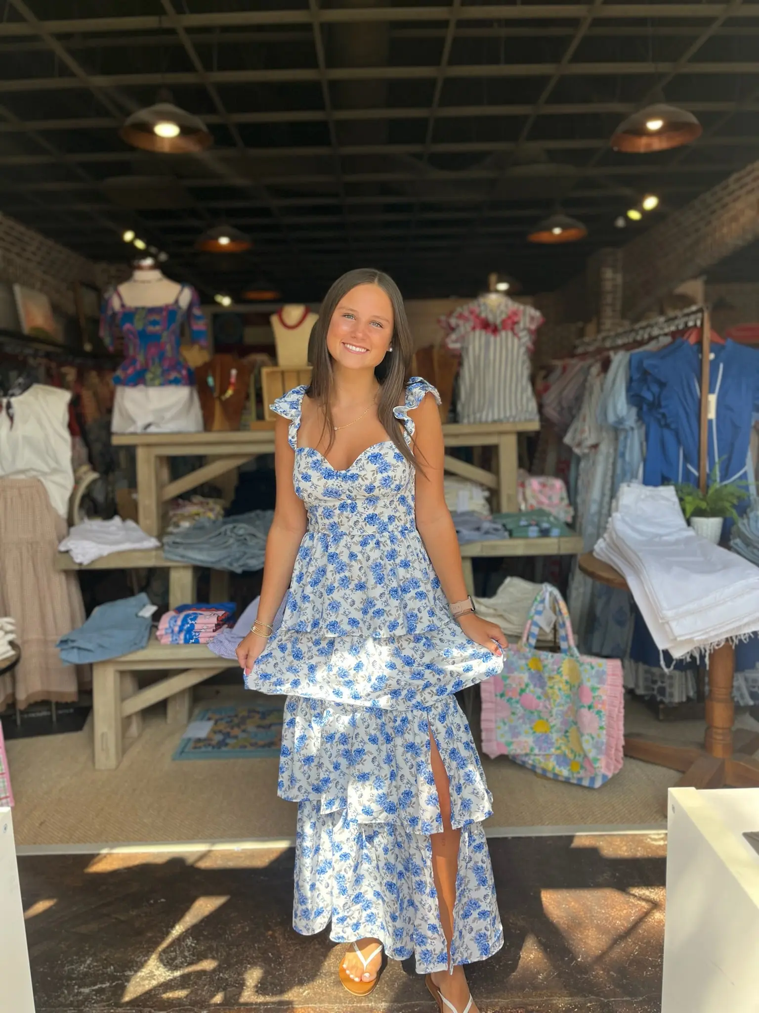 FINAL SALE - Covina Tiered Midi Dress Patty Floral Blue & White