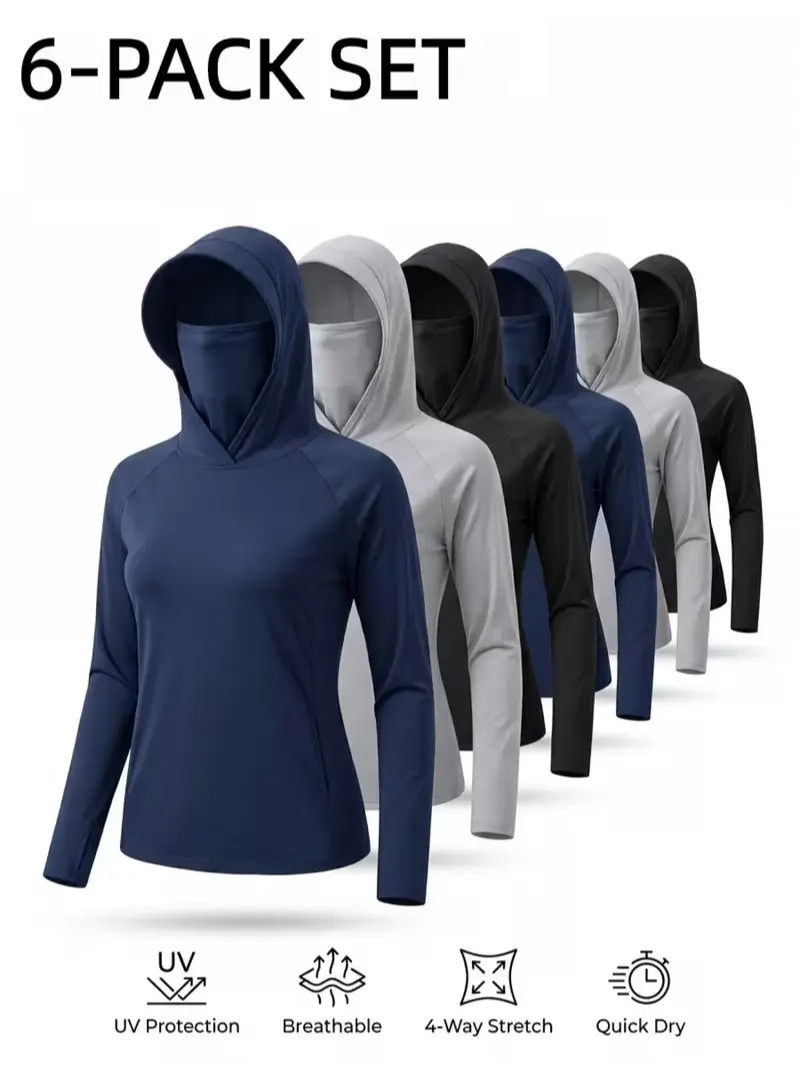 6Pcs Women's UPF 50+ Sun Protection Hoodie With Face Cover, UV Blocking Long Sleeve Cycling Shirts, Sweat-Absorbent Cooling Tops