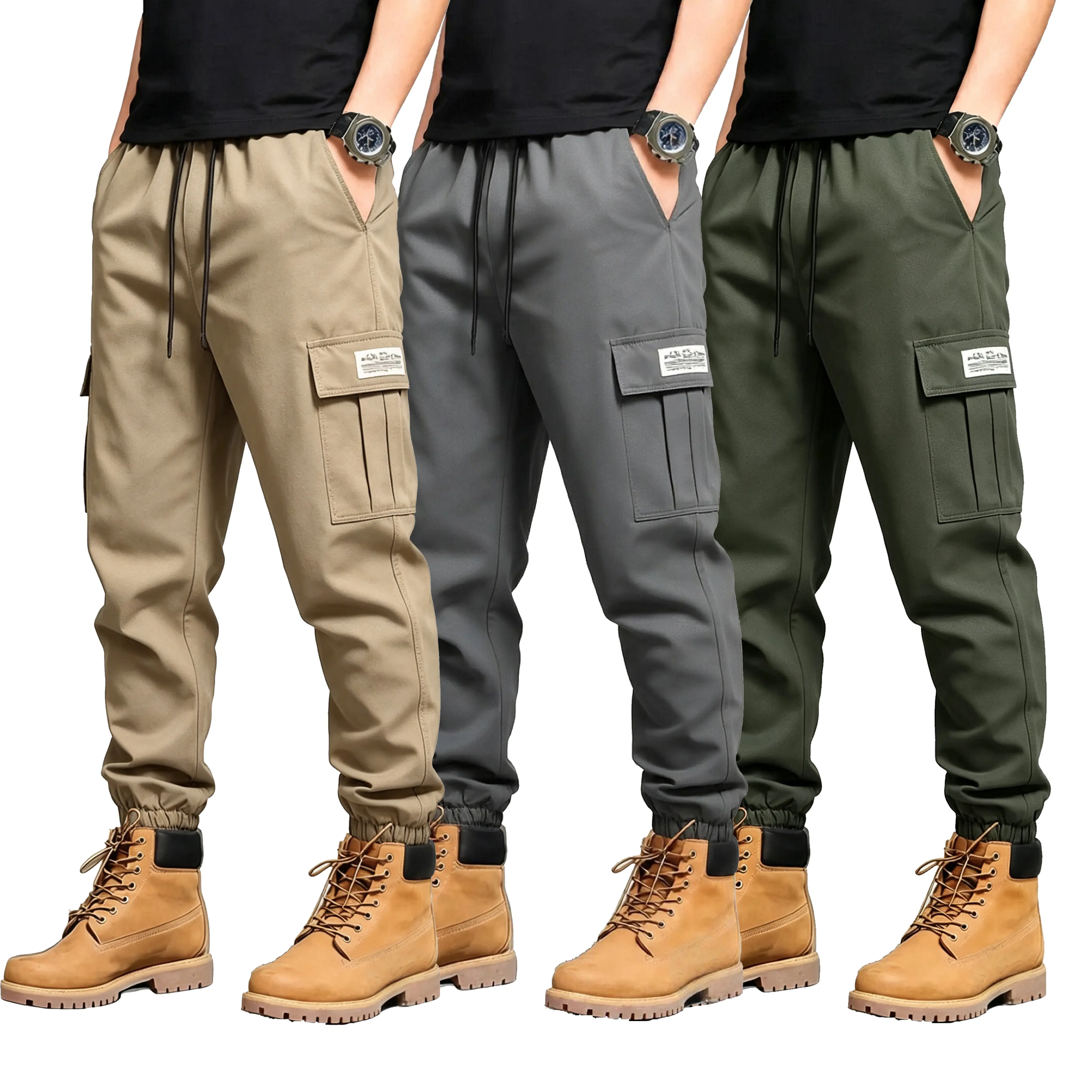 Men's Cargo Pants, Plain Casual Style with Drawstring Waistband, Multiple Pockets, and Side Branding, Menswear, Smooth, Drape, Elastic, Long, Polyester Fabric, Mid Waist