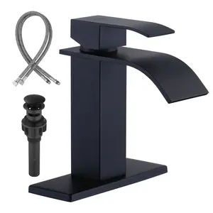 WOWOW Black Bathroom Faucet Waterfall Spout Faucet for Bathroom Sink Single Handle Mixer Tap Lavatory Vanity Faucet with Deck Plate and Pop Up Drain, 1 or 3 Hole