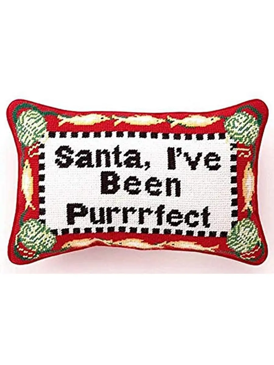 PK 31TA1255C12OB 8 x 12 in. Santa Purrrfect Cat Merry Christmas Wool Needlepoint Throw Pillow, Red & White