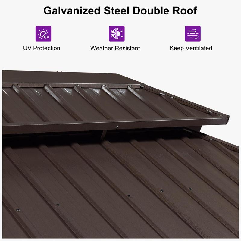 PURPLE LEAF Outdoor Hardtop Gazebo Bronze Metal Frame Galvanized Steel Double Roof with Curtains and Netting for Patio Desk Backyard