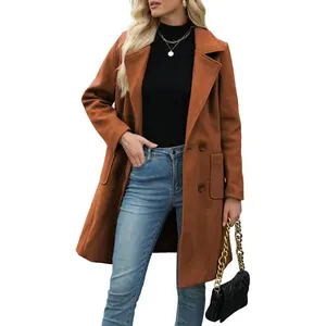 Women's Winter Wool Blend Camel Mid-Long Coat Notch Double-Breasted Lapel Jacket Fitted Outerwear Basic Casual Minimalist