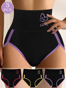 Women's Comfortable Mid-Waist Tight Tummy Underwear Set, 3-Pack Large Size Panties, Colorblock Panty Design, Abdominal Shaping Waistband