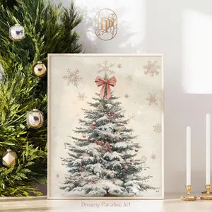 Vintage Christmas Tree Pink Bow Wall Art Gift Xmas Festive Holiday Coquette Room Decor Artful Winter Wall Art Prints| Holiday gift idea