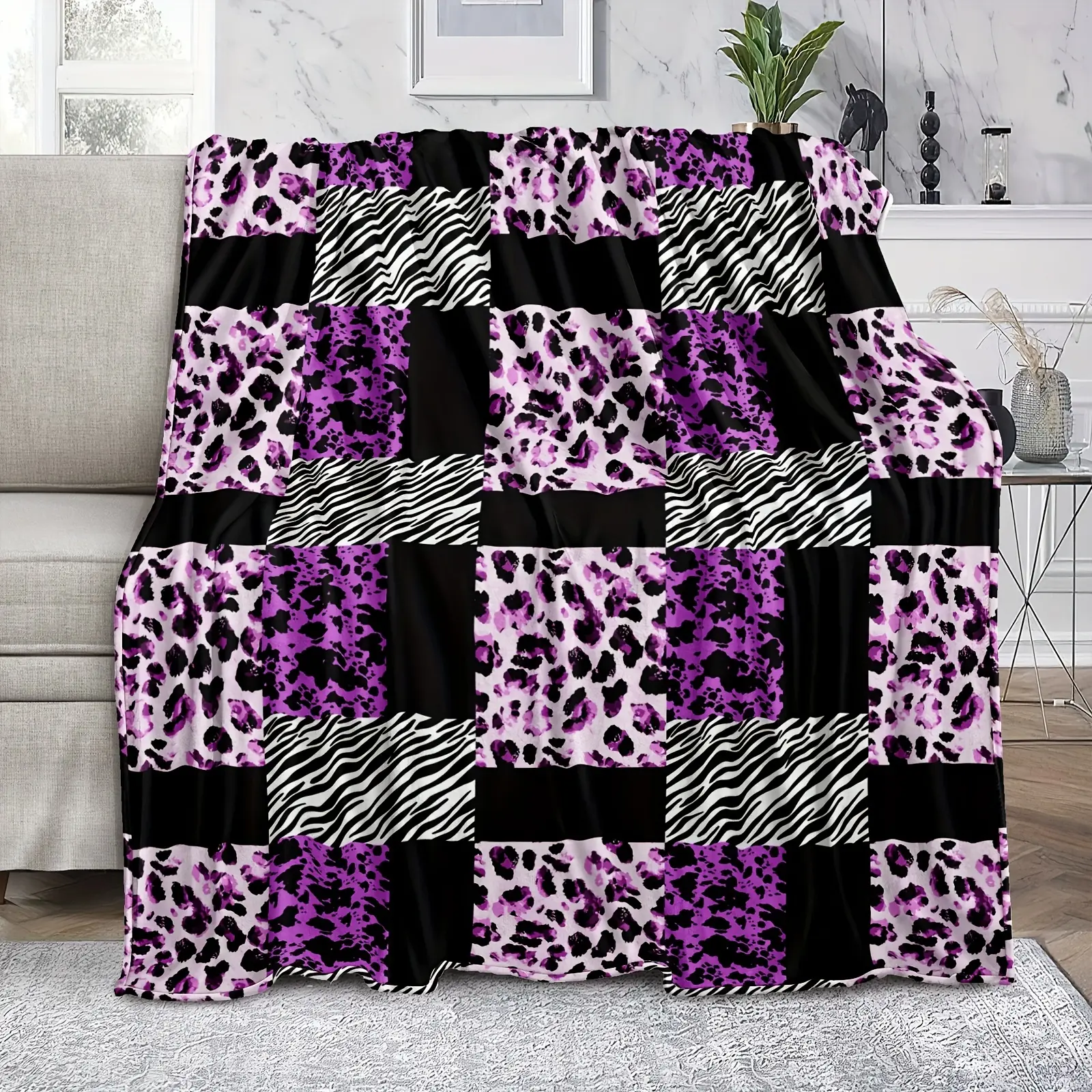 Purple Leopard Zebra Patchwork Throw Blanket, Black White Animal Print for Couch Bed, Y2K Dorm Room Decor,