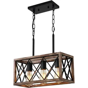 Farmhouse Kitchen Island Lighting, 3 Lights Pendant Lighting Fixtures, Adjustable Height, Industrial Dining Room Light for Living Room Foyer Dining Table Over Sink. (Wood Grain Color)