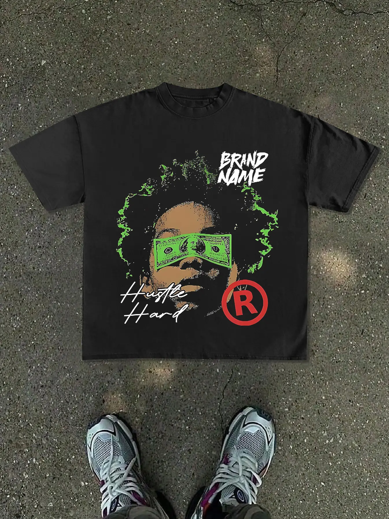 Men's Hip-Hop Streetwear T-Shirt - "Hustle Hard" Money Graffiti Print, Green-Red Contrast, Round Neck, Casual Summer Tops, Mens Clothing, Fast Shipping, Standard US Unisex Fit, Classic Fit, Suitable for Daily Wear/Gym, Machine Washable
