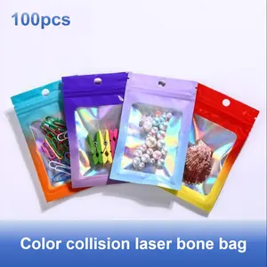 100pcs Colorful Gradient Aluminum Foil Laser Self-Seal Bags, Jewelry Packaging, Candy Snack Sealing Bags, Decorative Storage Pouches, Party Gift Packs