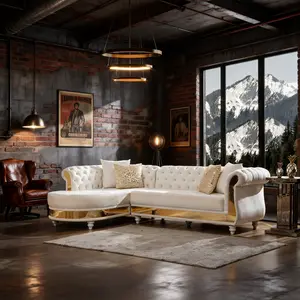 Tufted Velvet L-Shaped Sectional Sofa with Gold Trim Details Off-White Velvet L-Shape Couch Solid Wood Frame Modern Contemporary Style with Accent Pillows & Wooden Legs boneless sectional couch furniture living room
