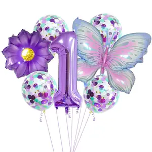 9-Piece Butterfly Fairy Theme Balloon Bouquet, 32-Inch Numbers, Sunflower, Glitter Balloons, Party Decorations