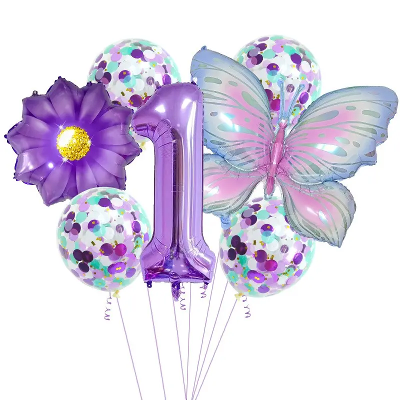 9-Piece Butterfly Fairy Theme Balloon Bouquet, 32-Inch Numbers, Sunflower, Glitter Balloons, Party Decorations