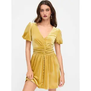 Cider Velvet V-neck Ruched Ruffle Puff Sleeve Mini Dress SwimWeek