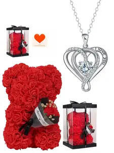 Sparkling Heart Love Necklace Trendy Jewelry Stylish double heart "I Love You" Heart Shaped Necklace gemstone necklace with a preserved rose teddy bear gift box.A mysterious and romantic gift for birthdays, Valentine's Day, Mother's Day and Christmas.