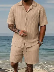 Effortless Stylish Mens 2 Piece Outfit Textured Vertical Herringbone Shirt and Elastic Waist Shorts for Fashion Enthusiasts and Warm Weather Vacation Looks