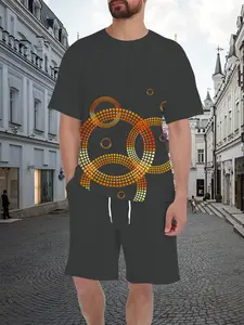 Men's Mosaic Chain Set, Future-Style Low Saturation Short Sleeve Shorts Two-Piece Set, Casual Fitted