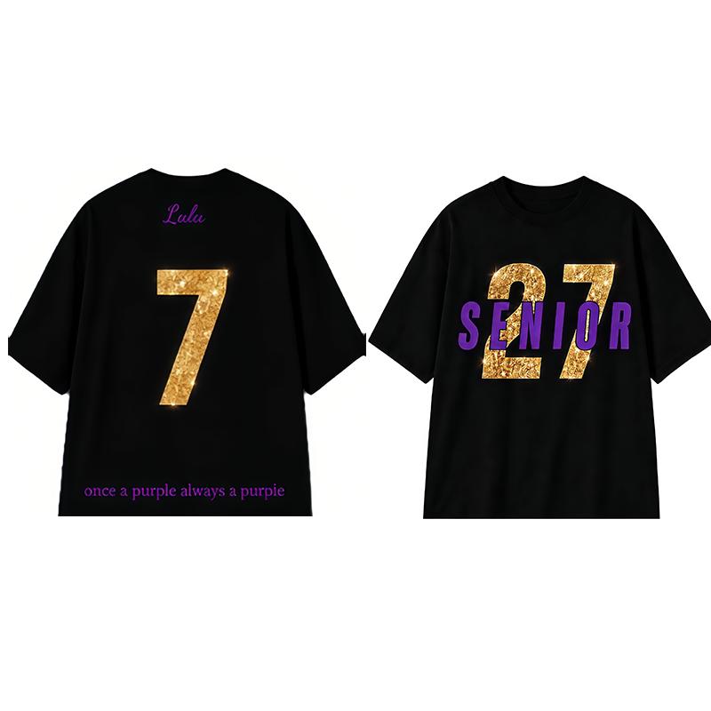 Oversized Personalized Print Senior 2 Graduation Short-Sleeve Tshirt - Custom Name&Number, Loose Round Neck, Black/Gold/Purple, Stylish Casual Festive Streetwear Sports Top, Thoughtful Grad Gift for Outdoor Use