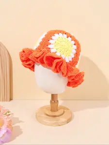 Neutral Sunflower Pattern Knitted Fisherman Hat, Lace Design, Fitted Style, Perfect for Outdoor Activities & Travel