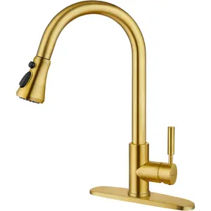 Gold Kitchen Faucet Pull Out Gold Single Handle Kitchen Sink Faucet with Pull Down Sprayer 3 Hole for RV Utility/Laundry Sink Stainless Steel, Brushed Gold (SK5002AR)