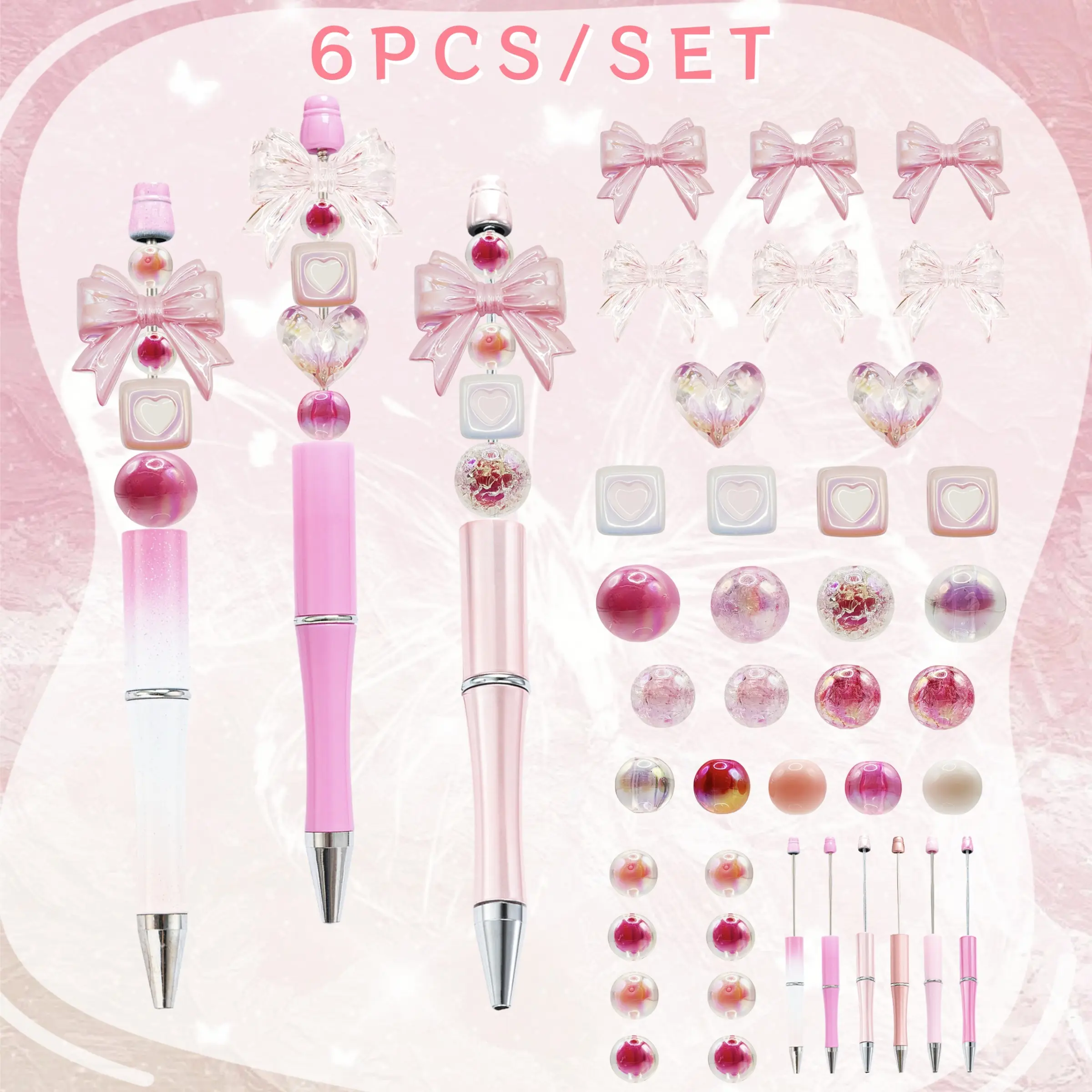 6PCS Pink Gradient Acrylic Bow DIY Beaded Ballpoint Pens Set, Retractable Rotating Decorative Bead Pens, Girly Cute Stationery for Office School Journaling Girls Gift