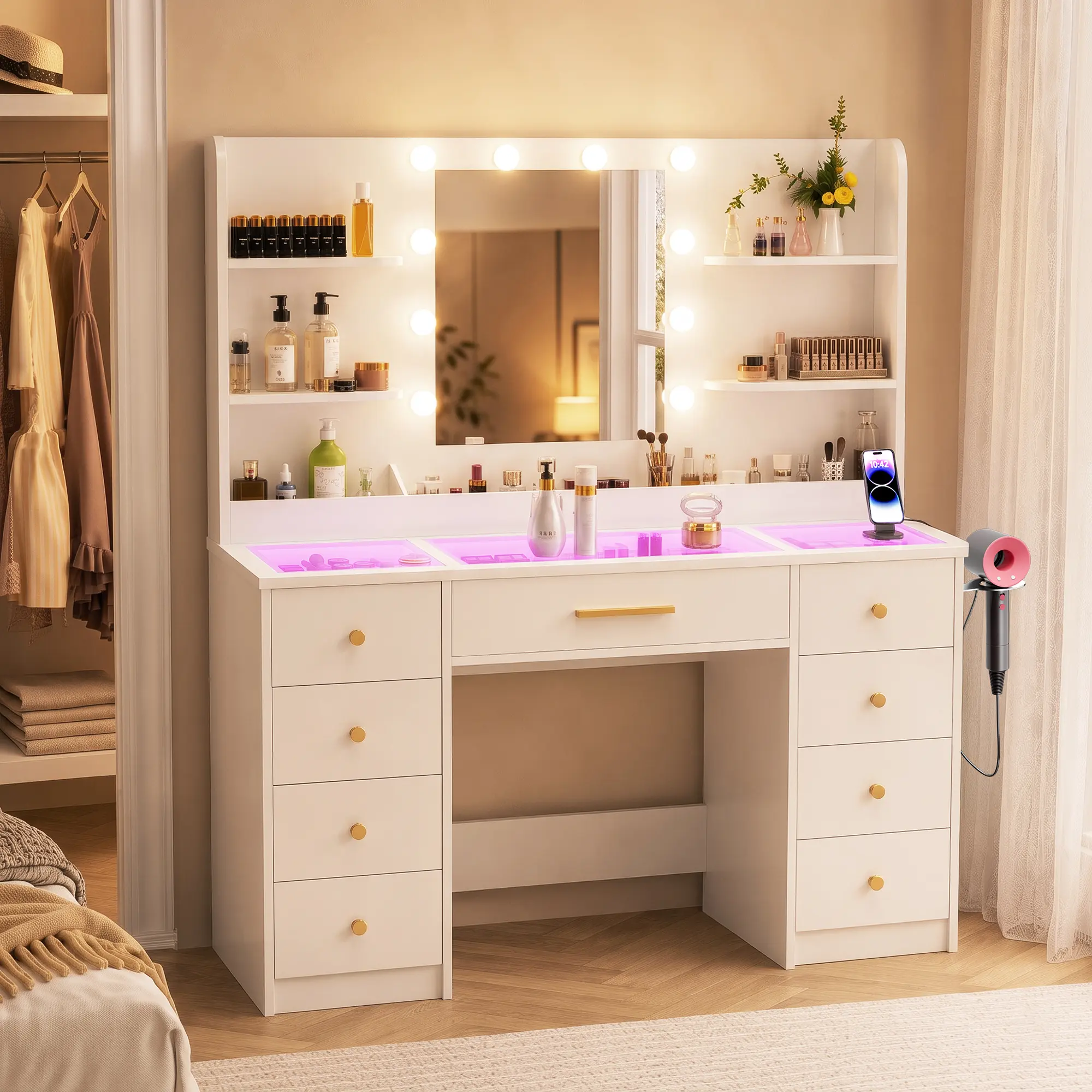 LAKEMID Makeup Vanity Desk with Mirror and LED Lights,3 Colors, Transparent Top with 3 RGB Drawers,4 Shelves and 9 Drawers,Power Outlet,Modern Glass Top Vanity,Vanity Desk Set for Bedroom,Bathroom,White