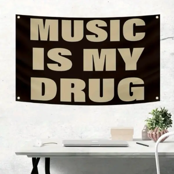 "Music is my Drug" Print Double-Stitched Polyester Flag Banner - 5x3ft/90x150cm, High Pigment Density, Brass Grommets, Eye-Catching Dorm Decoration Backdrop, Home Supplies Gift
