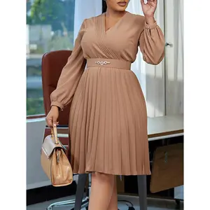 D497  Plus Size Elegant Pleated Midi Dress, V Neck Long Sleeve Office Dress with Belt, Formal Work Dresses for Curvy Women Fit Chic