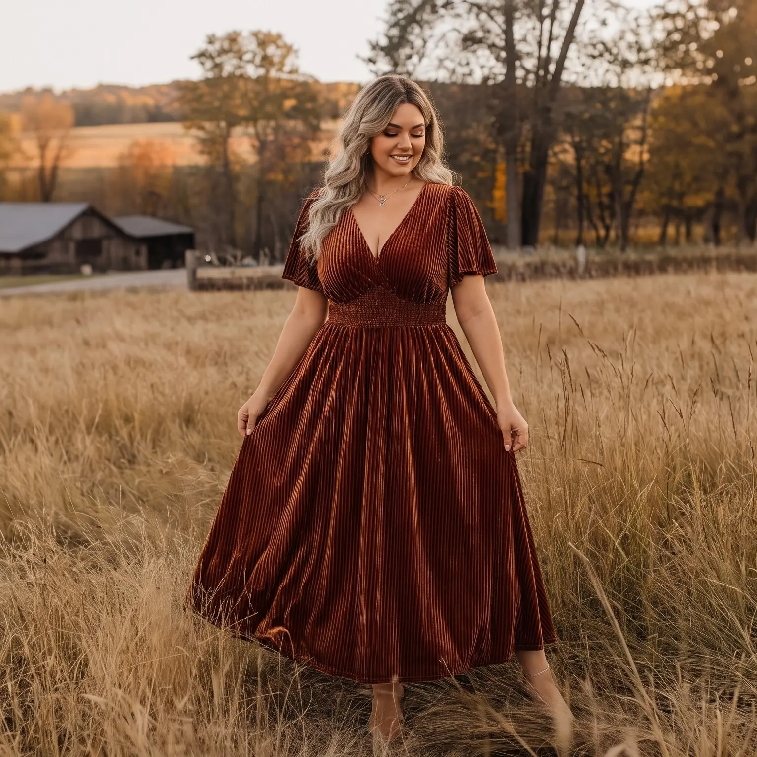 Ever-Pretty 【Plus size curvy dress】 dress Fall dress Graceful V-Neck Velvet Midi Wedding Guest Dress with Waist Detail & Short Sleeves Chic & Stretchy Bridesmaid Dress for Winter Formal Events Dress 01939 Midi Dress