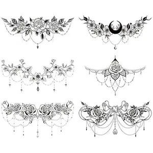 Chest Underboob Temporary Tattoos for Women Adult, 6 Pack Black Fake Realistic Large Long Lasting Creative Removable Tattoo Stickers, Sexy Rose Flower Tramp Stamp Sketch on Body Floral