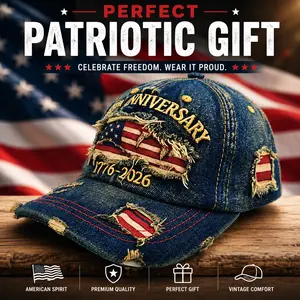 Vintage 250th Anniversary Distressed Denim Baseball Cap, Patriotic Washed Denim Hat with American Flag Inserts, 1776-2026 Adjustable Cap
