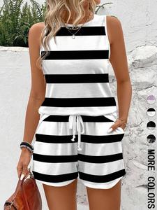 Two-piece Set Women's Striped Print Tank Top & Shorts, Casual Fitted Sleeveless Top & Shorts for Summer, Ladies Clothes for Daily Wear, Womenswear