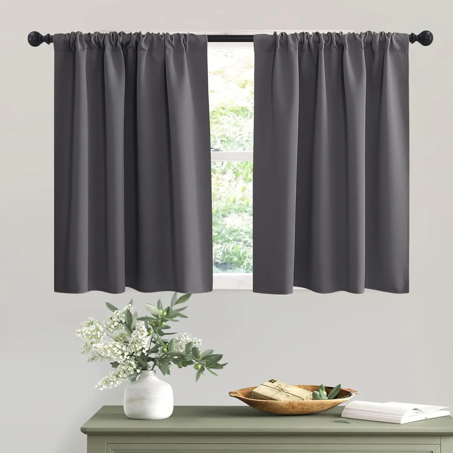 Short Grey Blackout Curtains for Small Bedroom Kitchen Cafe Window | Thermal Insulating, UV Blocking, Privacy Protection, Drapes/Tiers for Basement Garage Bathroom,