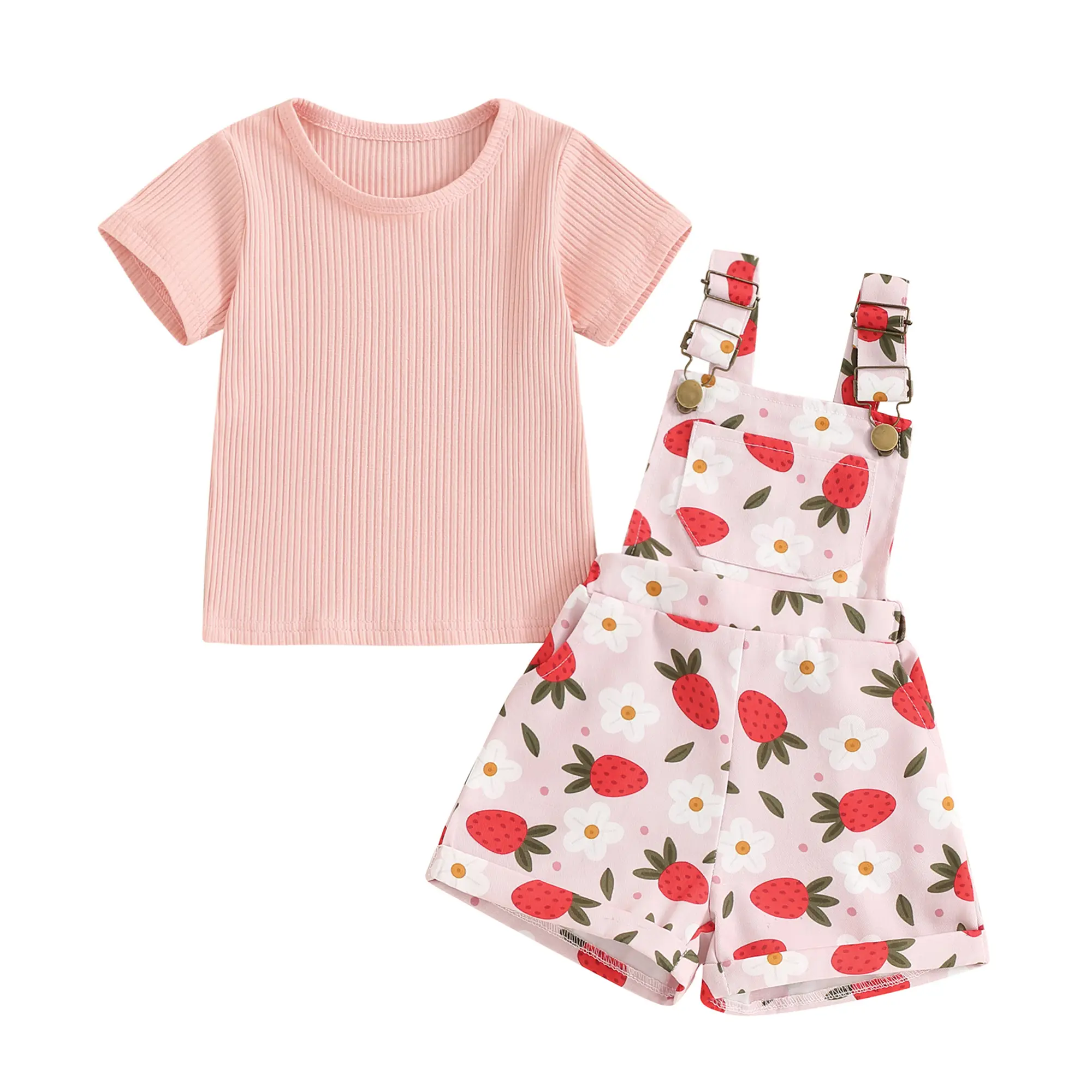 Canrulo Toddler Baby Girl Summer Clothes Set Short Sleeve Ribbed T-shirt Tops Floral Suspender Shorts Overalls Outfits