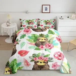 Feelyou Cartoon Sloth Microfiber Bedding Set - Lightweight Duvet Insert, Soft Breathable Quilt, Kawaii Palm Leaf, Cherry Blossom, Monstera Prints, Floral Quilt Set for Kids