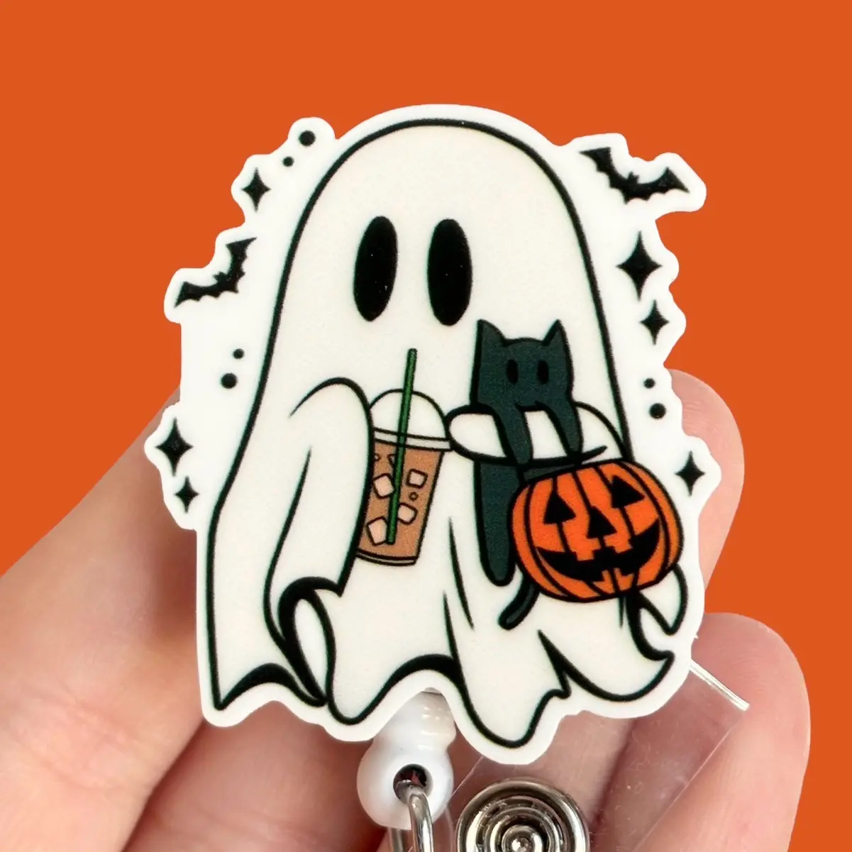 Glitter My Badge Halloween coffee ghost badge reel for nurse and hospital workers. Badge clip Badge pull - Retractable swivel clip with a 360 rotation. Great gift for coworker. Labor and delivery badge reel. Encouraging