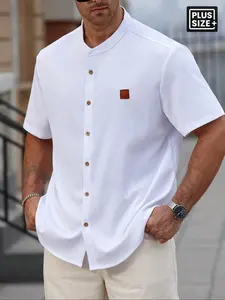 【Plus Size】 Solid Color Plain Short Sleeve Button Up Shirt, Regular Fit Casual Comfy Top for Summer, Men's Clothes for Daily Wear, Pajama, Loungewear, Menswear