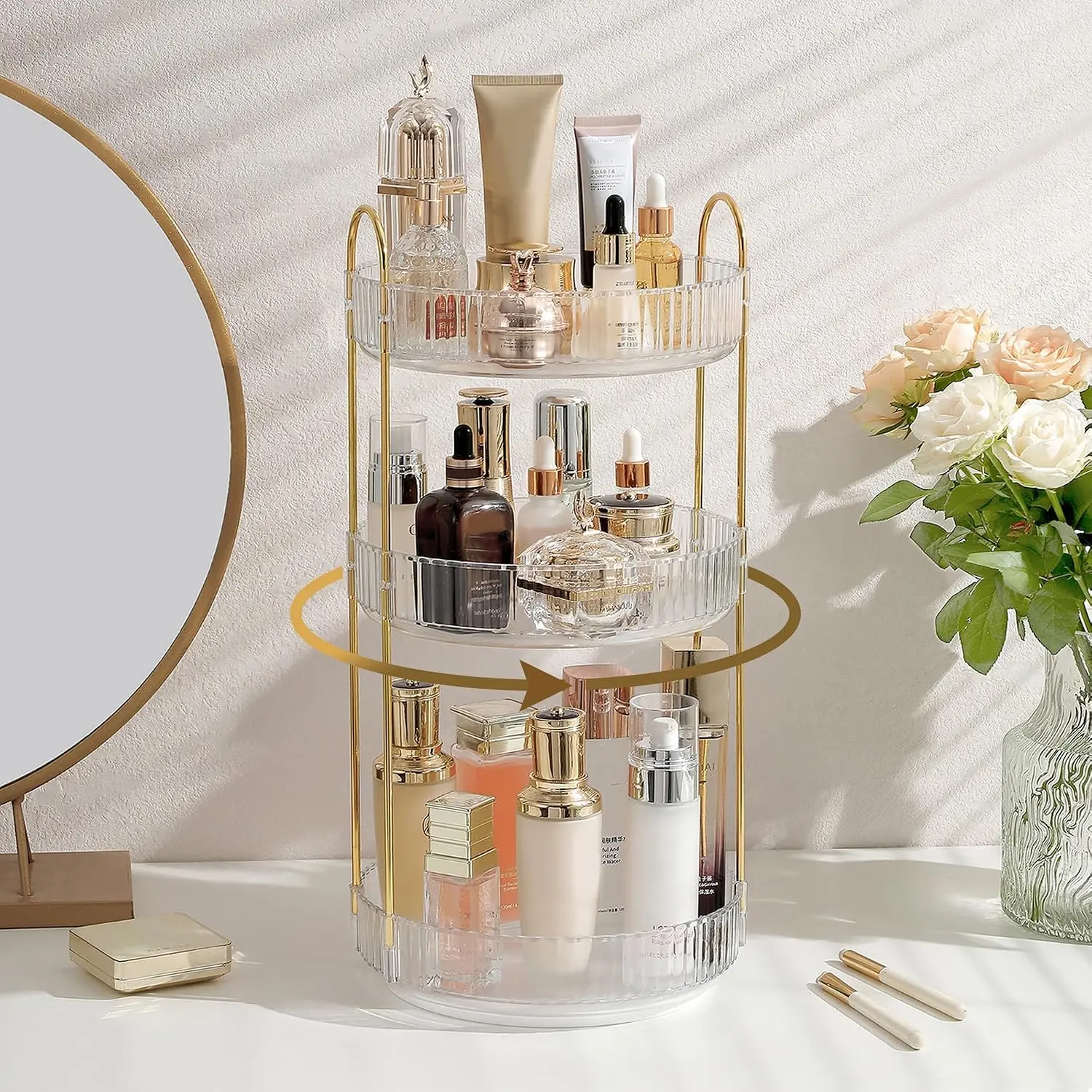3-Tier 360° Rotating Clear Cosmetic Organizer - Sturdy Metal Pole Storage Stand for Vanity Countertop, Bathroom Dresser (White)