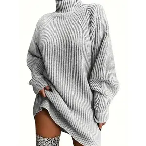 [Turtleneck Sweater] Long Sleeve Turtleneck Sweater Dress - Ribbed Neck, Drop Shoulder Knits - For Women