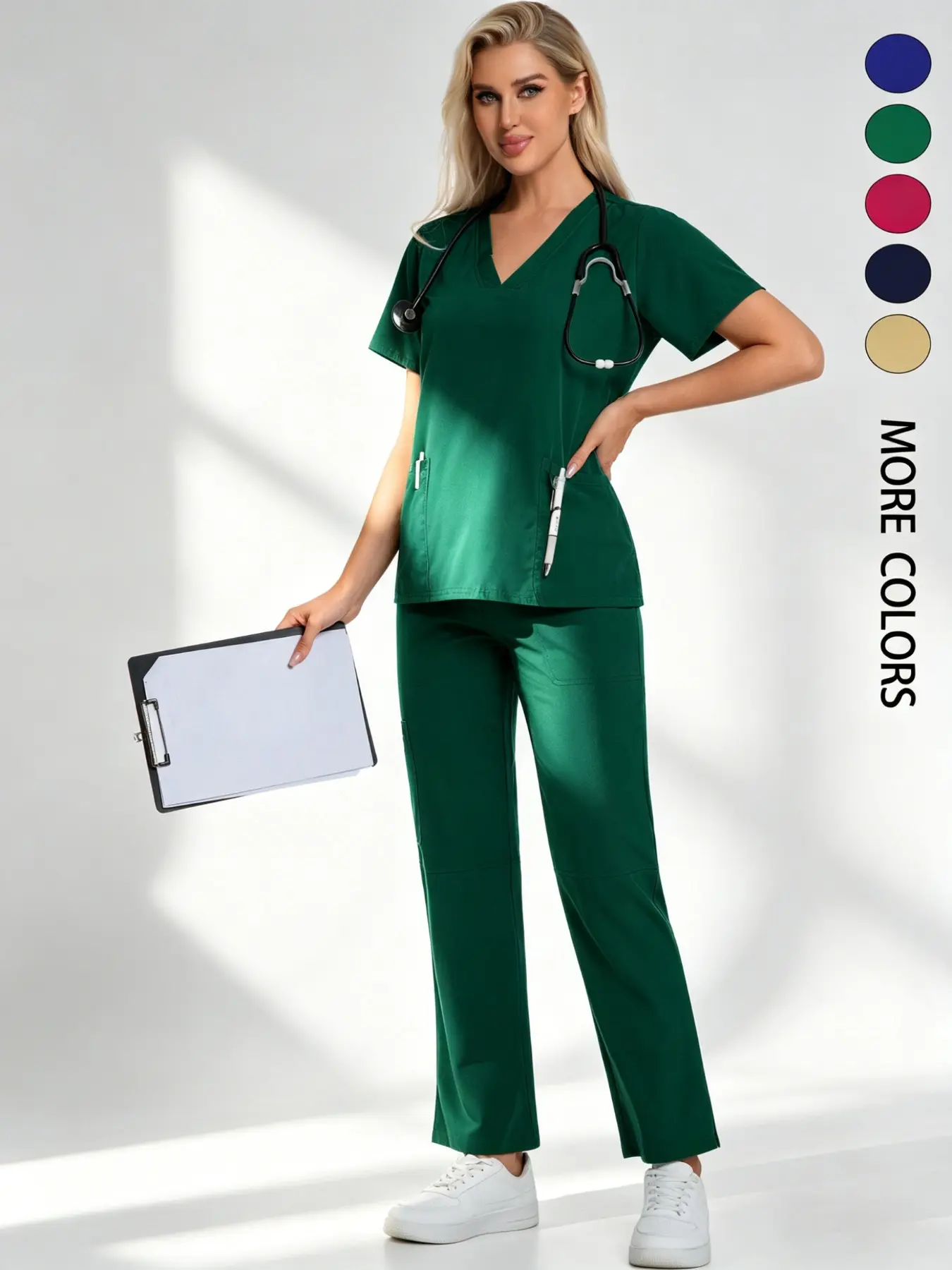Women's Scrubs Set, Womenswear Everyday V Neck Quick-Dry Breathable Polyester Top,Anti-Pilling Breathable Multi-Pocket With Side Pocket Jogger Pants Comfort Fit Easy Care Workwear Uniforms