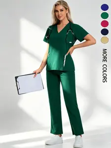 Women's Scrubs Set, Womenswear V Neck Quick-Dry Breathable Polyester Top,Anti-Pilling Breathable Multi-Pocket With Side Pocket Jogger Pants Comfort Fit Easy Care Workwear Uniforms