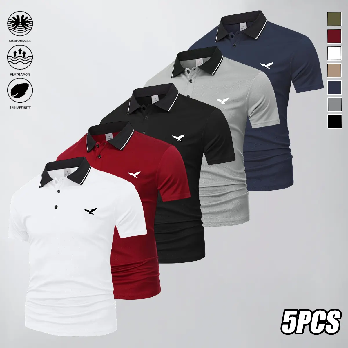 Men’s polo shirt pack of 5—casual men’s polos in solid colors with a basic button design and multifunctional features for bowling, golf, and tennis; perfect for everyday wear and summer business style.Summer’s Best Choice, Father’s Day Gifts, Back-to-Scho