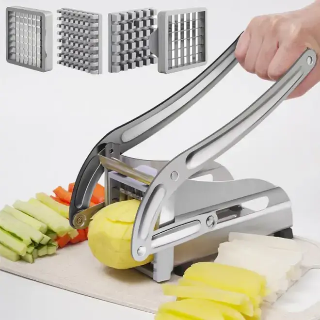 French Fry Cutter,Potato Cutter Slicer Stainless Steel, includes1/2 & 3/8-Inch Blade and No-SlipSuction Base, Great for Air Fryer FoodPotatoes Carrots