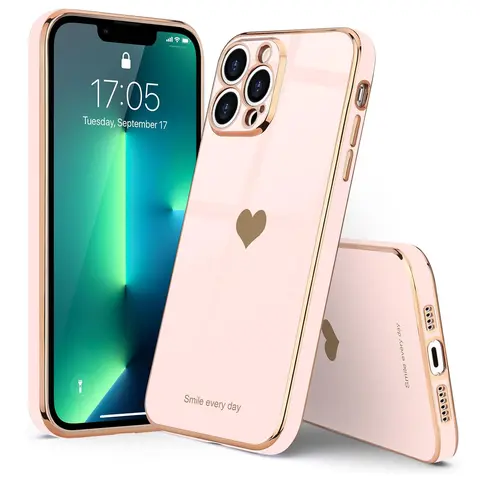 Entronix Case for Apple iPhone 18/17/16/15/14/13/12/11/XR Air/Plus/Pro Max - [Smile Every Day] Golden Heart Plated Cover, Smartphone Accessories, Protection, Mobile Phone Casing, Phone Shell