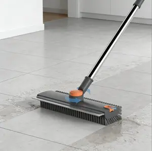 3-in-1 Scrub Brush with Long Handle Floor Scrubber Squeegee Broom Shower Cleaning Brush for Concrete Tile Wall Deck Patio Grey 180° Bristle Full Rotation Adjustable Handle
