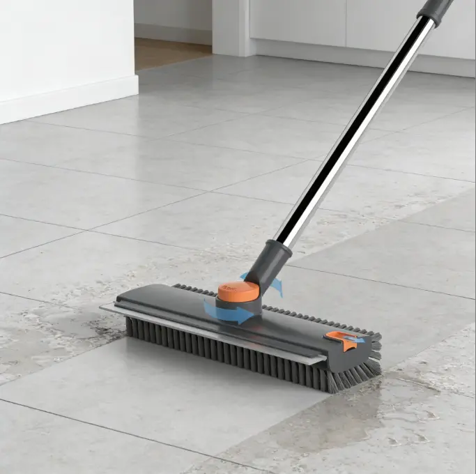 3-in-1 Design Cleaning Tool with Adjustable Length Handle - Scrub Brush + Squeegee Broom, 180° Full Rotation Bristles, for Indoor/Outdoor Concrete, Tile, Wall Use, Grey Floor Scrubber