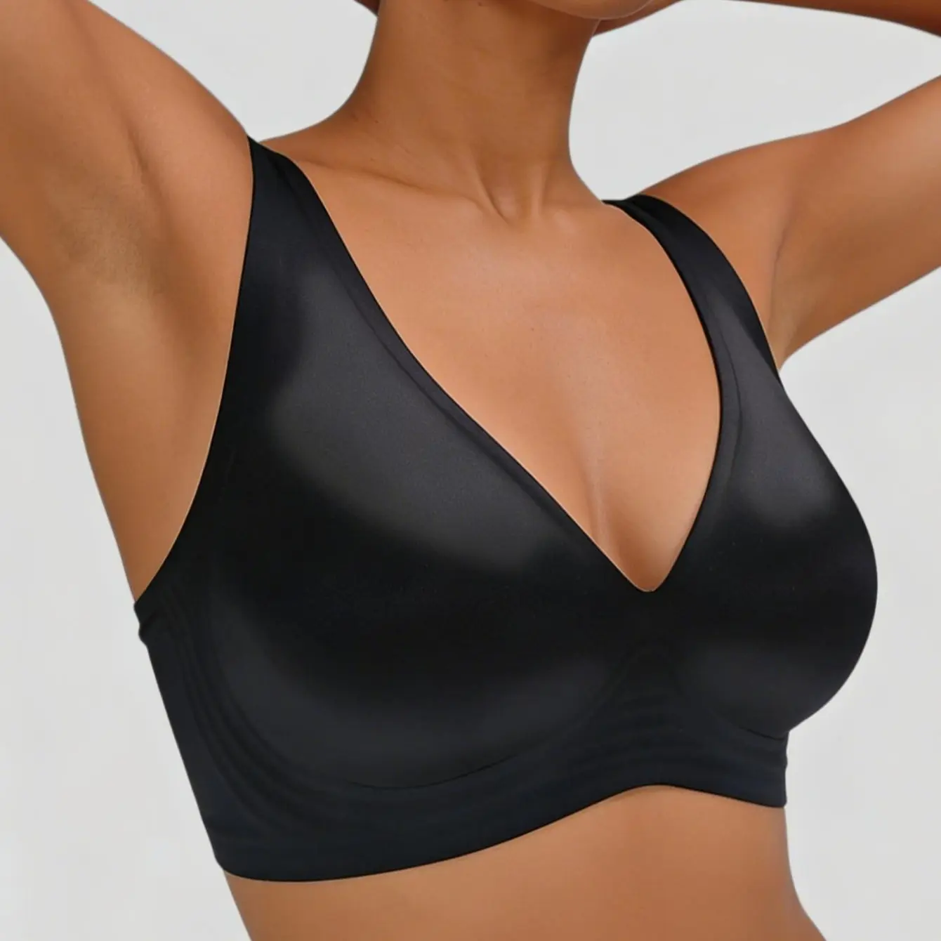 EssElegance Women's Seamless Satin T-Shirt Bra, Wirefree V-Neck Plunge Comfort Bralette. Smooth Shiny Everyday Support Bra with Adjustable Straps. Lightly Lined No Underwire Intimates for Daily Wear and Lounge