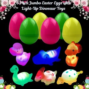 6 Pack Jumbo Easter Eggs with Light-Up Dinosaur Toys – Prefilled Plastic Eggs for Kids Toddlers Boys & Girls, Easter Basket Stuffers, Party Favors, Fun Bath Toys