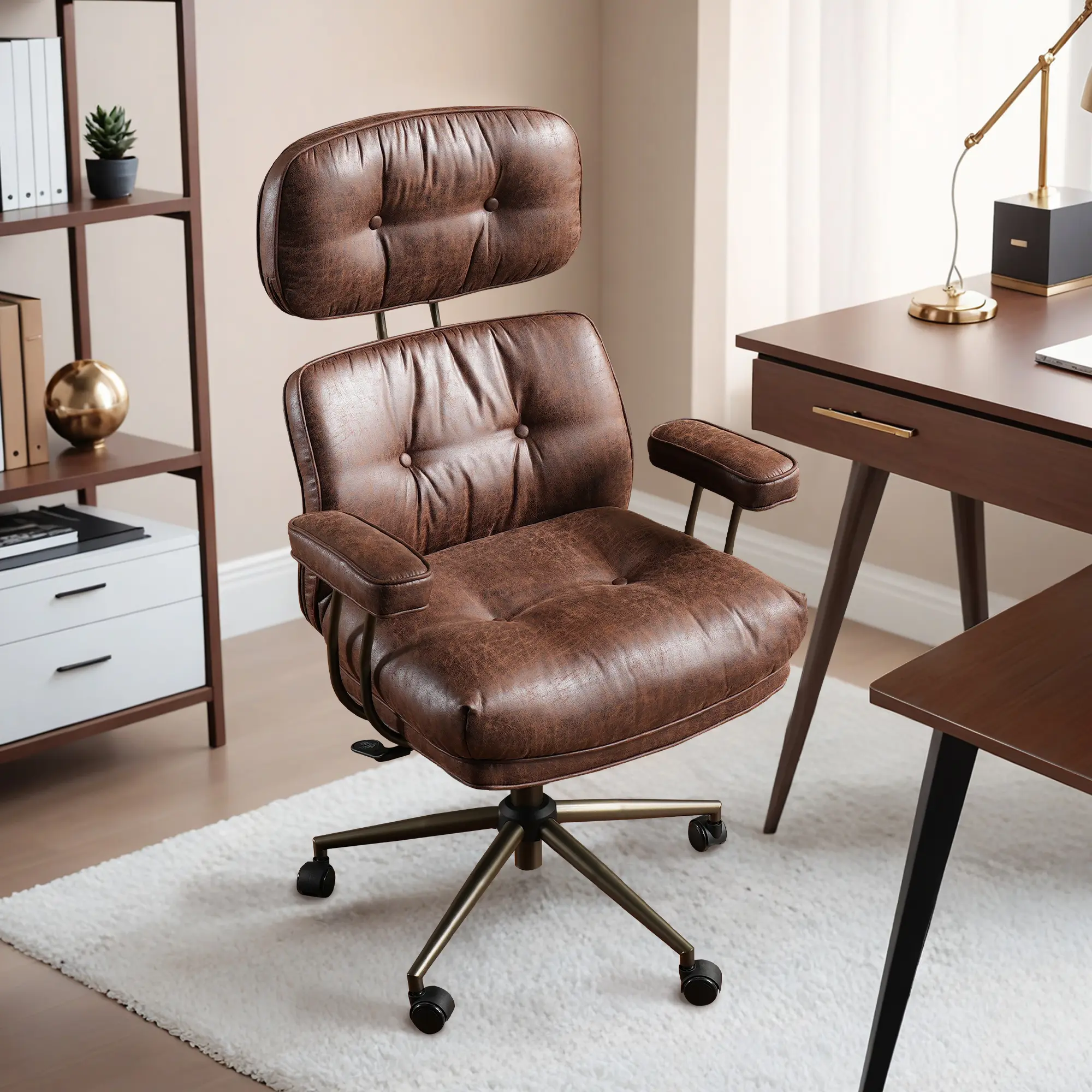 HOOOWOOO Office Executive Chair, Mid-Century Faux Leather Chairs with Thickened Cushions, Adjustable Height Back and Tilt Mechanism,  Lumbar Support, Ergonomic Design