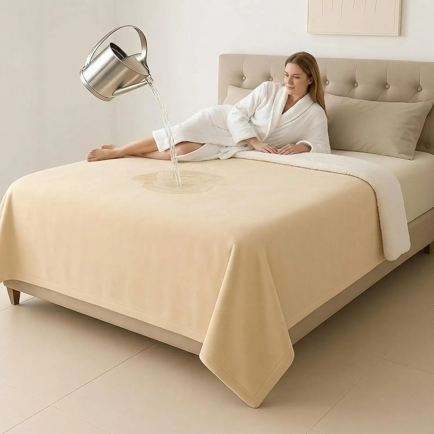 King Size PU Waterproof Stain-Resistant Blanket for Bed, Couch - 80''x80'' Side Leakproof Reversible Flannel Fleece 3-Layer Lightweight, 70oz Absorbent, Machine Washable (Beige/White) - Christmas, Valentine Essential